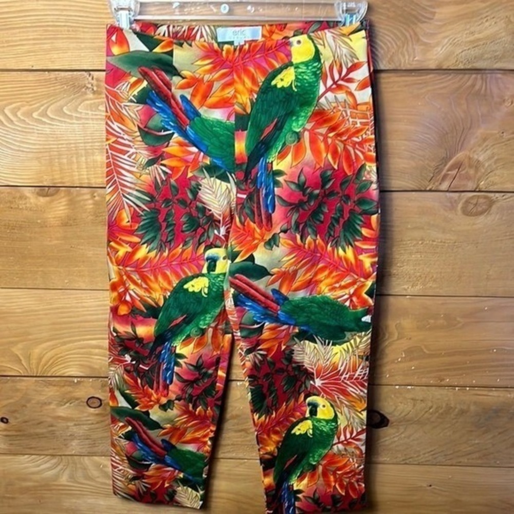 Eric Casual Womens Tropical Parrot Print Pants 4 Resortwear Vacation Side Zip
